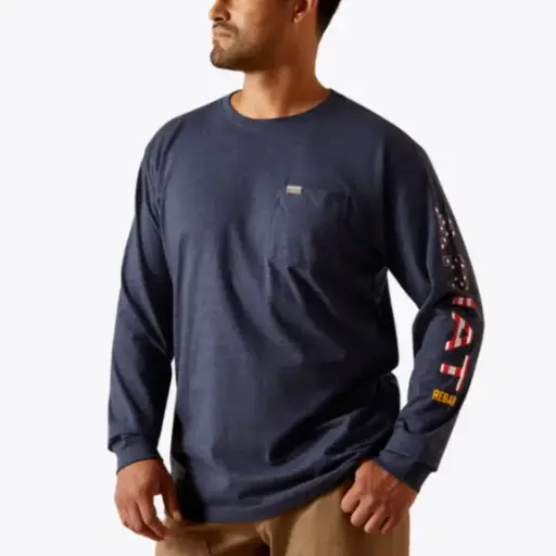 Ariat MNS Rebar Cotton Strong Standard Logo Pocket T-Shirt NAVY HEATHER/USA 10062755